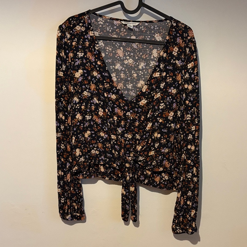 American Eagle Outfitters Black Floral Tie-Front Blouse